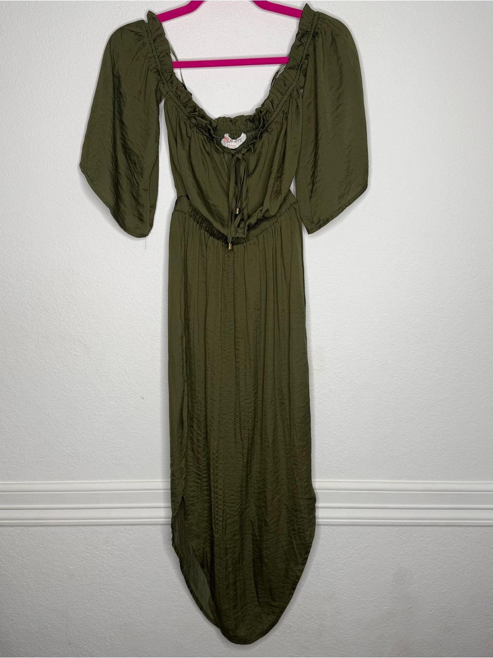 L’ATISTE Olive Green Off-Shoulder Midi Dress Size S